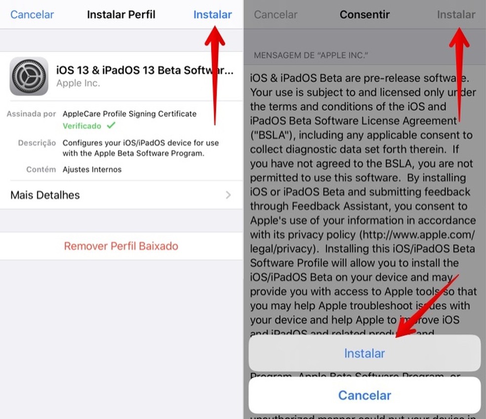 Instale o perfil de configuração do iOS 13 Beta — Foto: Reprodução/Helito Beggiora