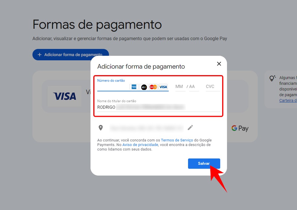 É possível adicionar cartão na Carteira do Google pelo PC; saiba como — Foto: Reprodução/Rodrigo Fernandes