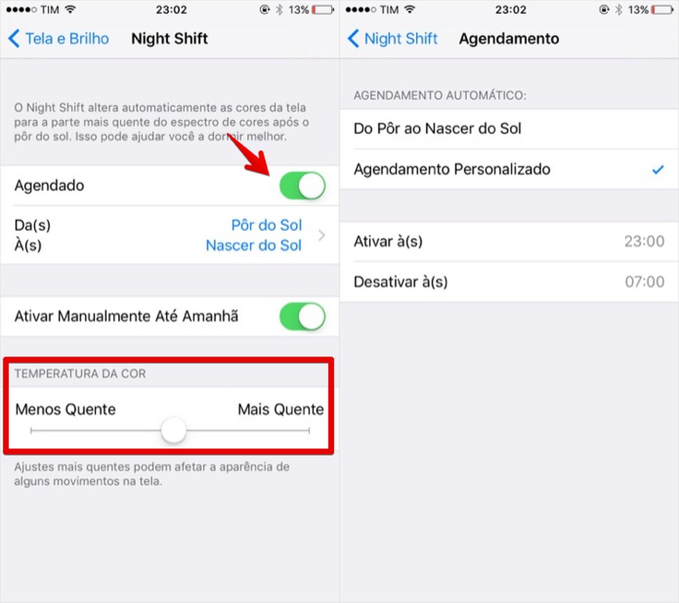 Configurando o modo noturno do iOS 9.3 (Foto: Reprodução/Helito Bijora) — Foto: TechTudo