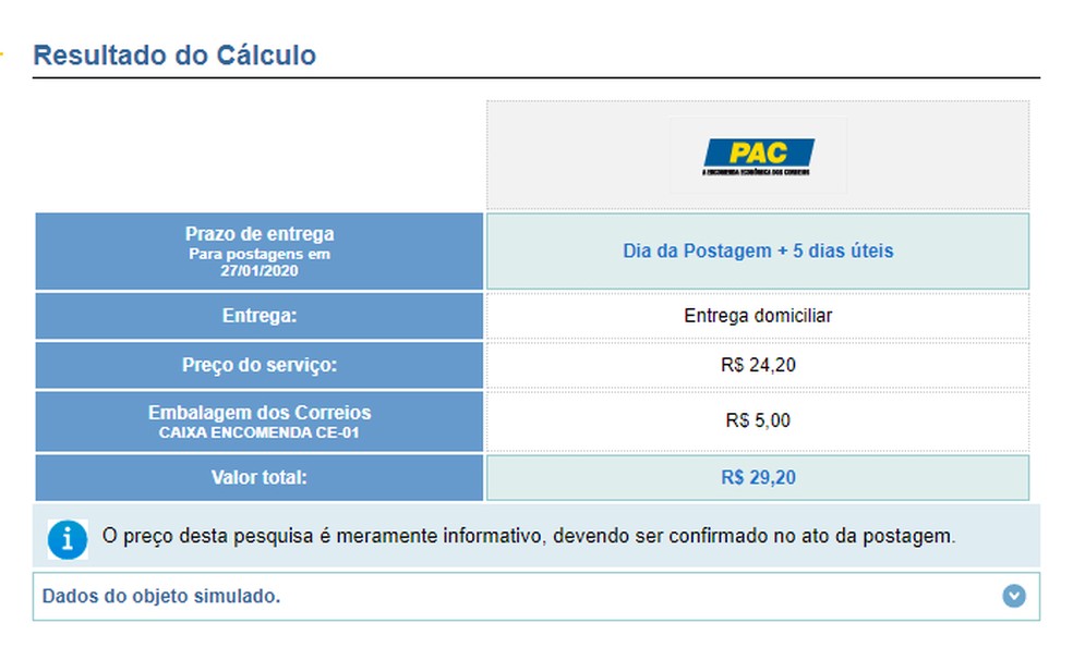 Site dos Correios mostra preço e prazo de entrega — Foto: Reprodução/Rodrigo Fernandes