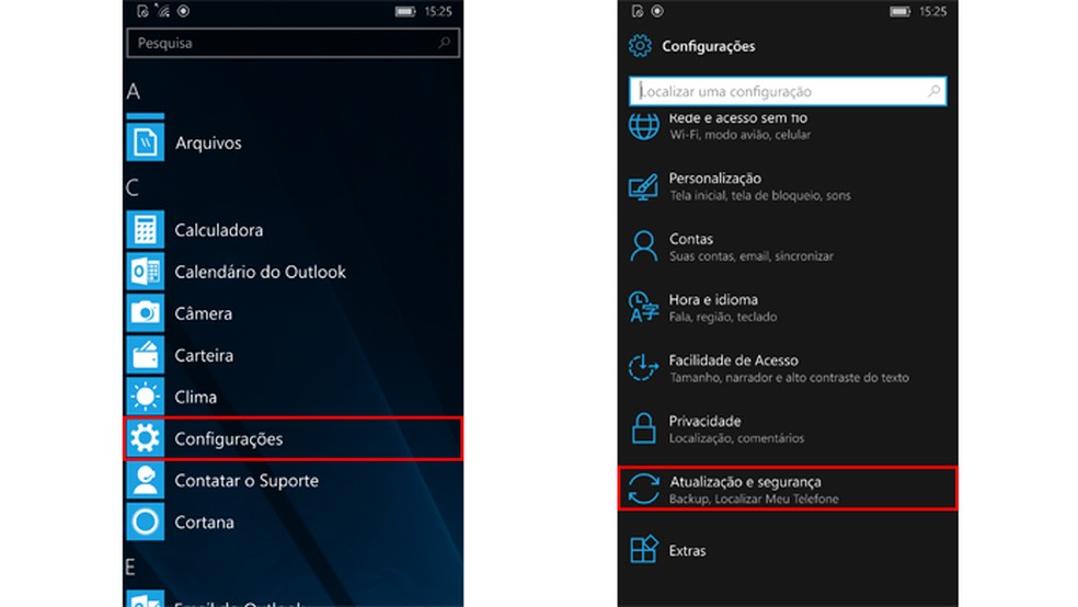 Configurações do telefone permitem baixar atualizações de segurança (Foto: Reprodução/Windows) — Foto: TechTudo