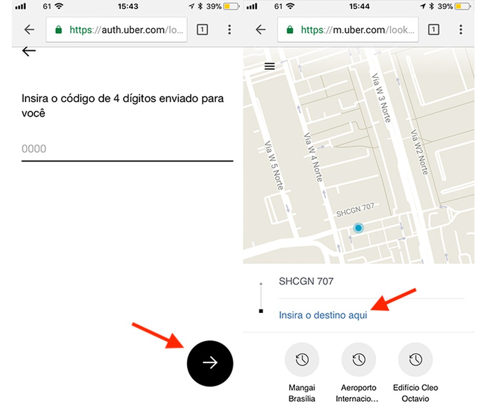 Opções para usar o código de acesso enviado ao celular e iniciar a busca por um local no site mobile da Uber — Foto: Reprodução/Marvin Costa