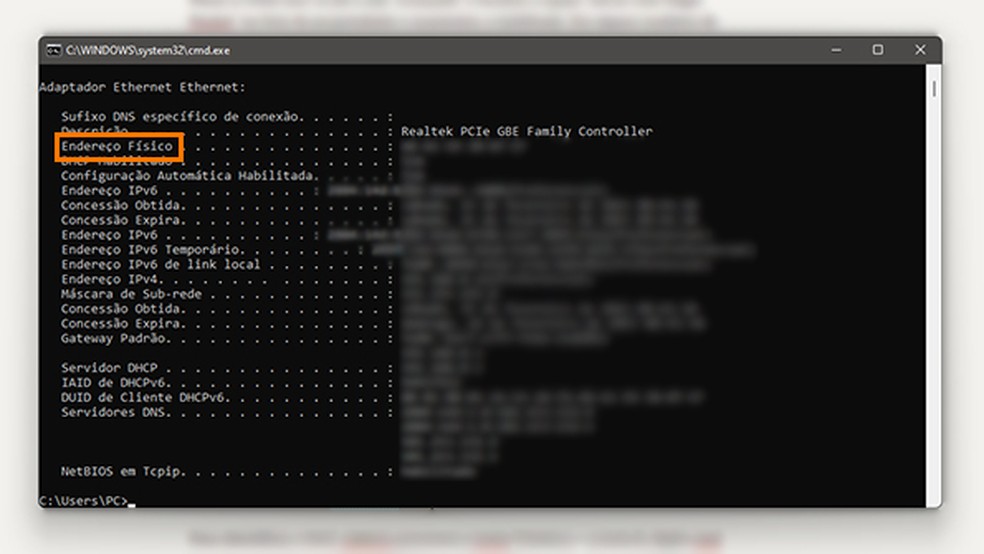 Informações da placa de rede no prompt de comando — Foto: Jonathan Lamim/TechTudo