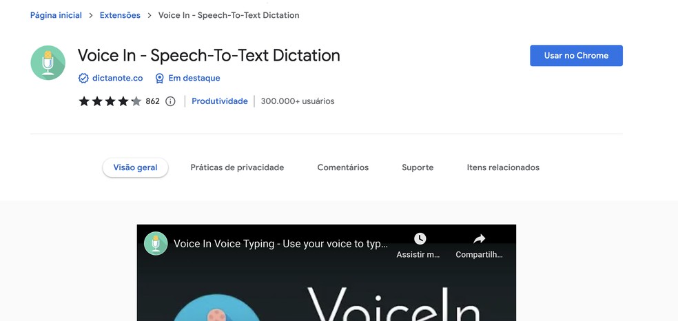 Página da extensão Voice In na Chrome Web Store  — Foto: Reprodução/Gabrielle Garcia