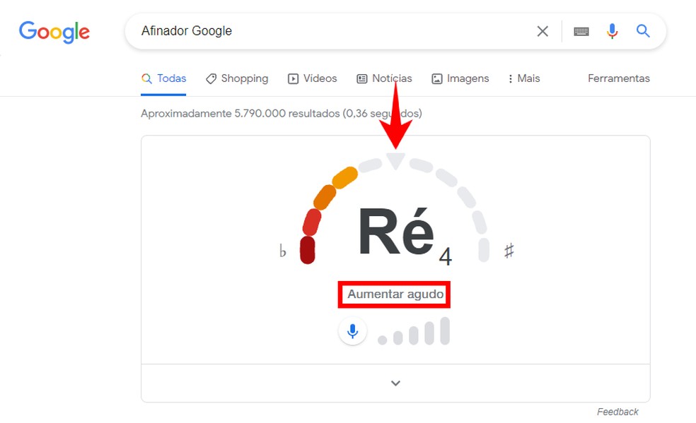 Afinador de guitarra online: Google mostra que corda não está afinada — Foto: Reprodução/Rodrigo Fernandes