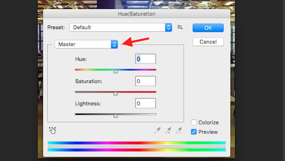 Ação para escolher um padrão de cor para editar usando a ferramenta de matiz e saturação do Adobe Photoshop — Foto: Reprodução/Marvin Costa