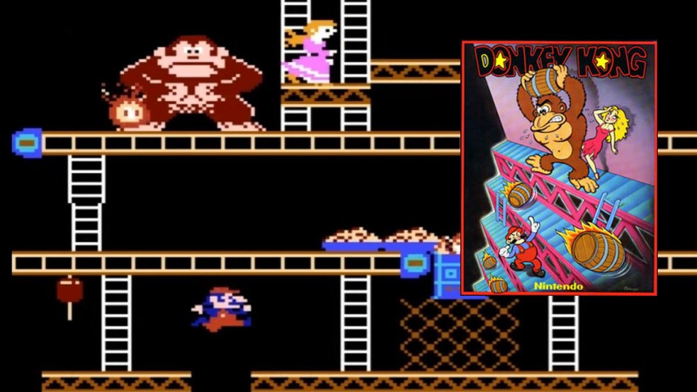 Gameplay e capa de Donkey Kong (1981), jogo que marca a estreia de Mario no mundo dos games — Foto: Divulgação/Nintendo