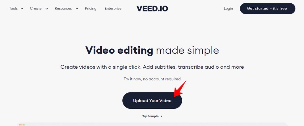 Como colocar legenda no Reels: ação para fazer upload de vídeo no Veed Studio — Foto: Reprodução/Rodrigo Fernandes