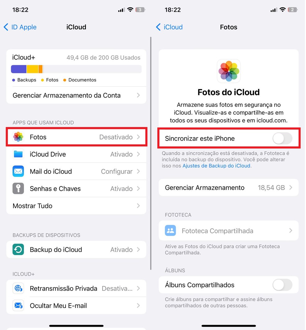 Desativando o backup do app Fotos para liberar espaço no iCloud — Foto: Reprodução/Clara Fabro