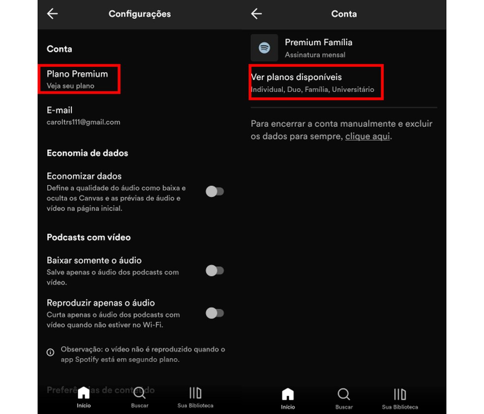 Como mudar o plano do Spotify: abra a visão do plano e clique em "Ver planos disponíveis" — Foto: Reprodução/Carolina Torres