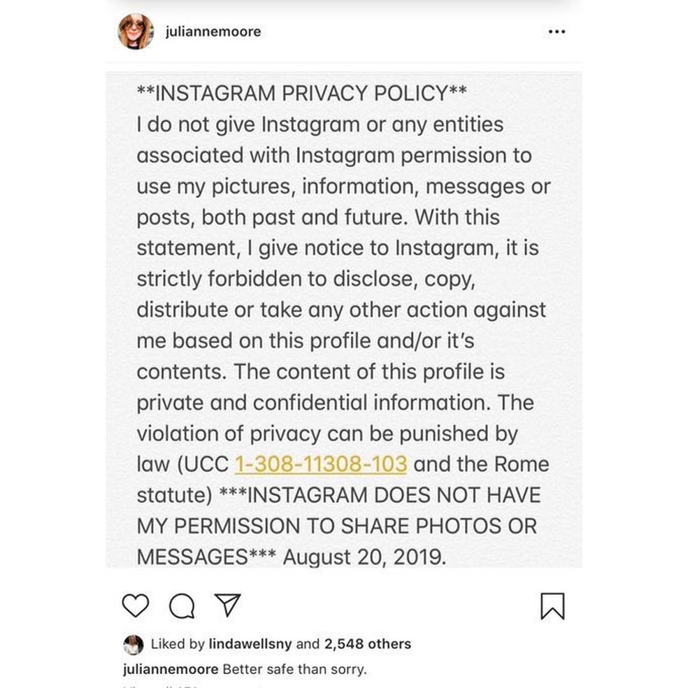 A atriz Julianne Moore compartilhou a corrente sobre a nova política de privacidade do Instagram — Foto: Reprodução/Instagram (@juliannemoore)