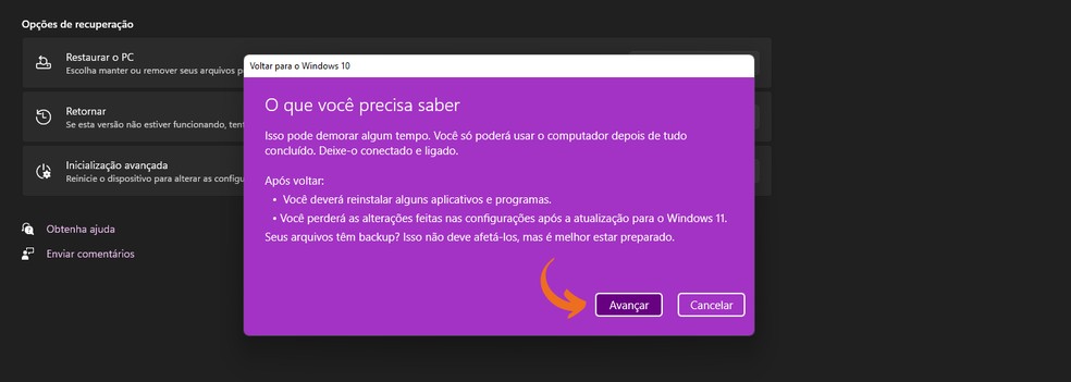 Windows 11 alerta usuários que desejam voltar ao sistema operacional antigo — Foto: Reprodução/Eduardo Bartkevihi