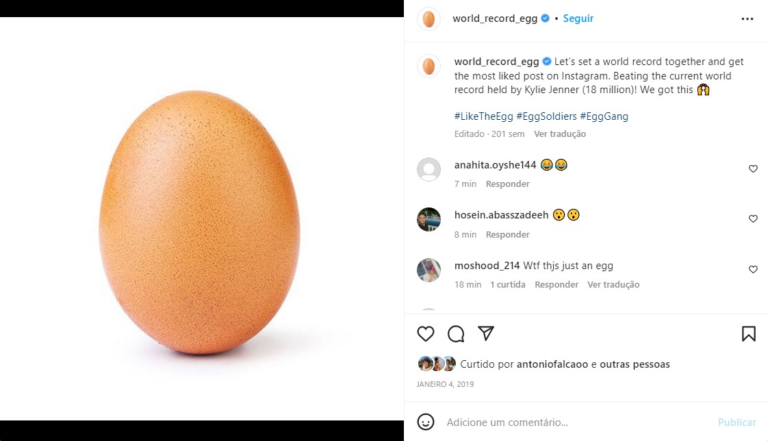 Foto de um ovo é a mais curtida do Instagram e, apesar de parecer uma postagem simples, na verdade, representava uma ação sobre saúde mental — Foto: Reprodução/Instagram