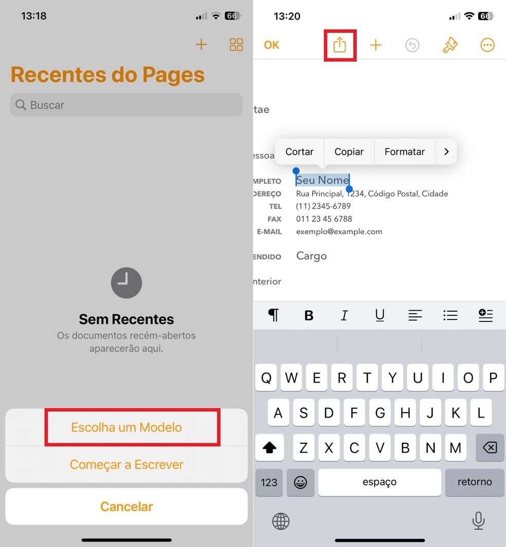 O app Pages conta com uma série de modelos de documentos  — Foto: Reprodução/Clara Fabro
