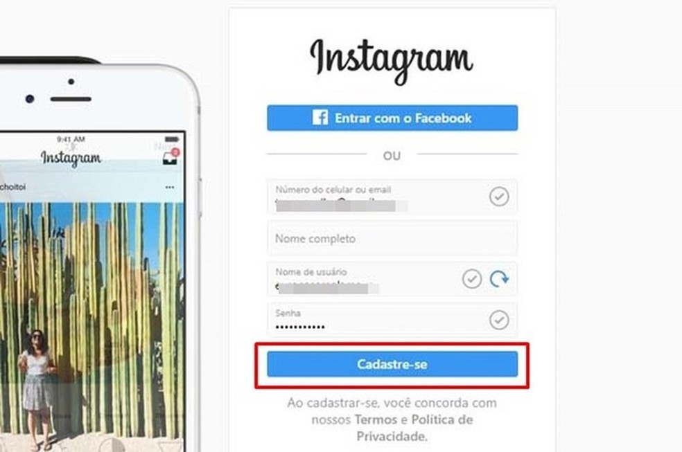 Clique em "Cadastre-se" para dar andamento à criação do seu perfil no Instagram — Foto: Reprodução/Taysa Coelho