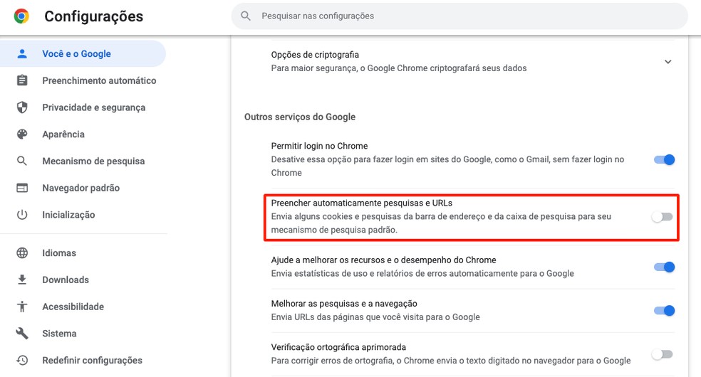 Opção para desativar preenchimento automático no Chrome — Foto: Reprodução/Ana Letícia Loubak