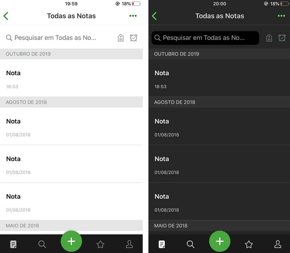 Anotações do Evernote ganham cores escuras com o modo noturno — Foto: Reprodução/Rodrigo Fernandes
