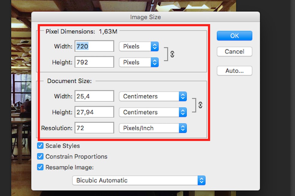 Ajustes da ferramenta para redimensionar imagens no Adobe Photoshop — Foto: Reprodução/Marvin Costa