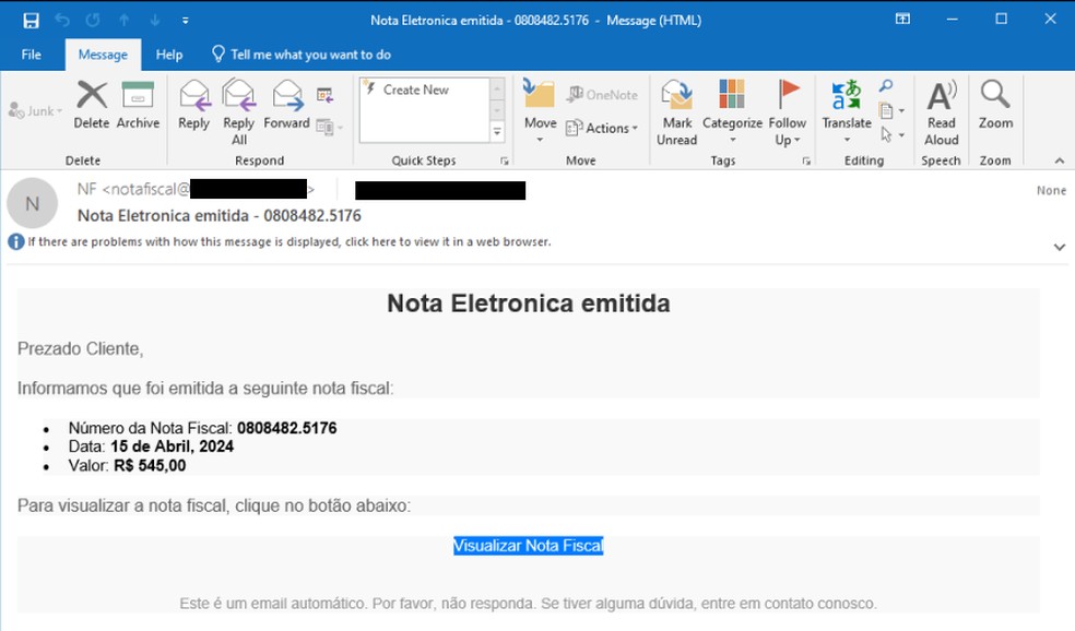 E-mail com link malicioso redireciona usuário para página com malware — Foto: Reprodução/Cisco
