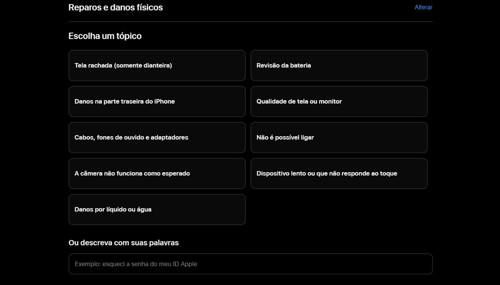 Triagem do site ajuda o usuário a ir diretamente na solução do problema — Foto: Reprodução/Apple