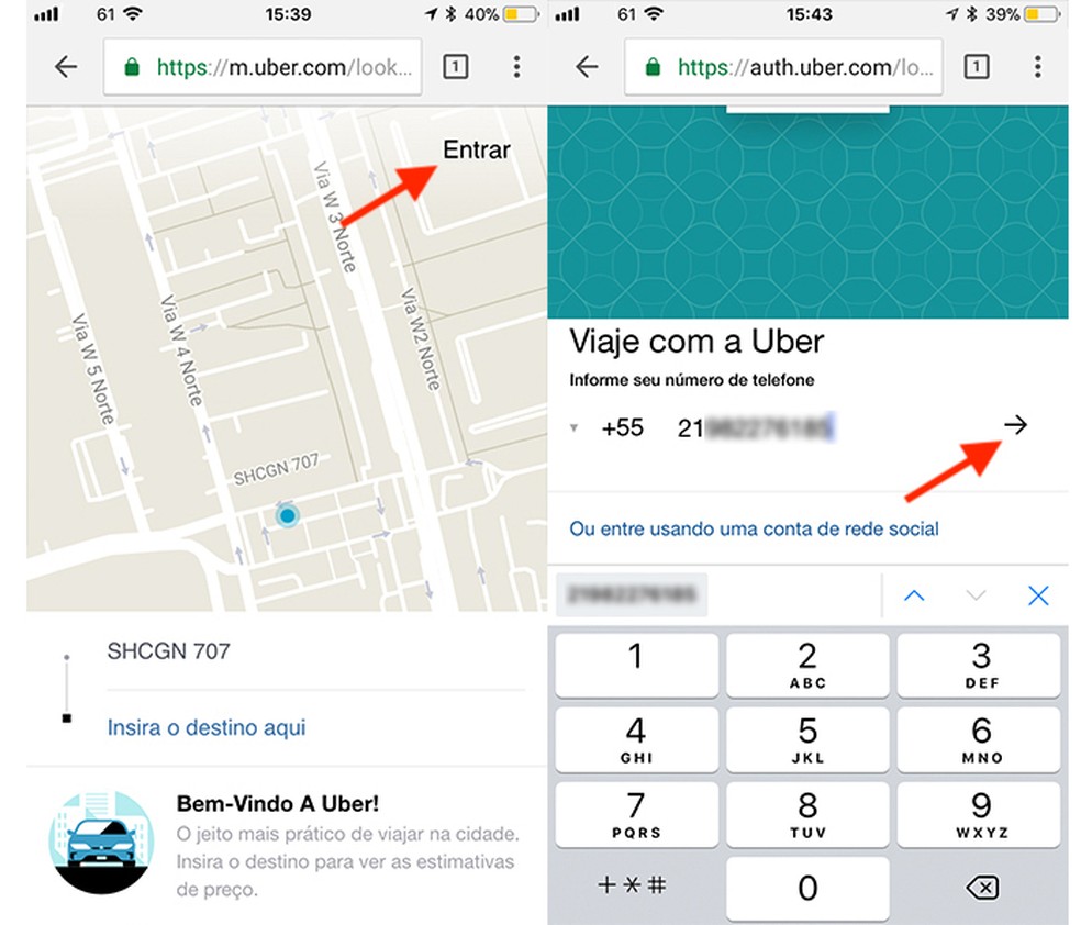 Opção para iniciar login na Uber usando o site mobile da plataforma — Foto: Reprodução/Marvin Costa