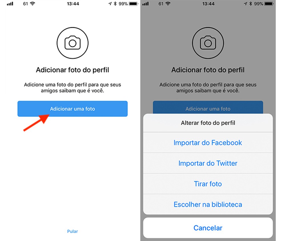 Opções para adicionar uma foto de perfil no Instagram — Foto: Reprodução/Marvin Costa