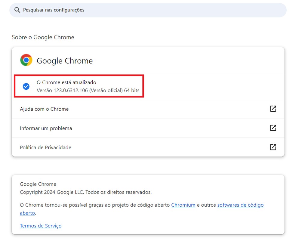 Tela de atualização do Google Chrome no PC — Foto: Reprodução/Bruno Guerra