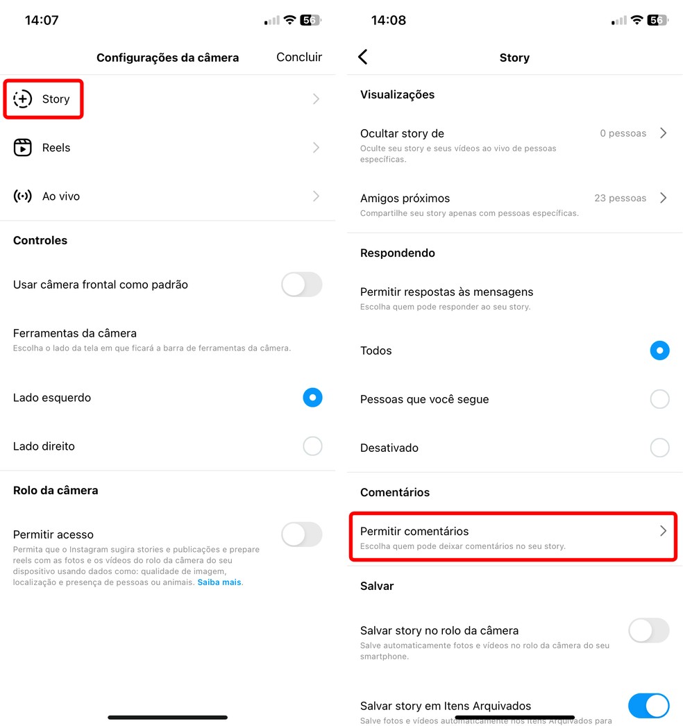 Seção "Permitir comentários" possibilita desativar recados públicos nos Stories do Instagram — Foto: Reprodução/Rodrigo Fernandes