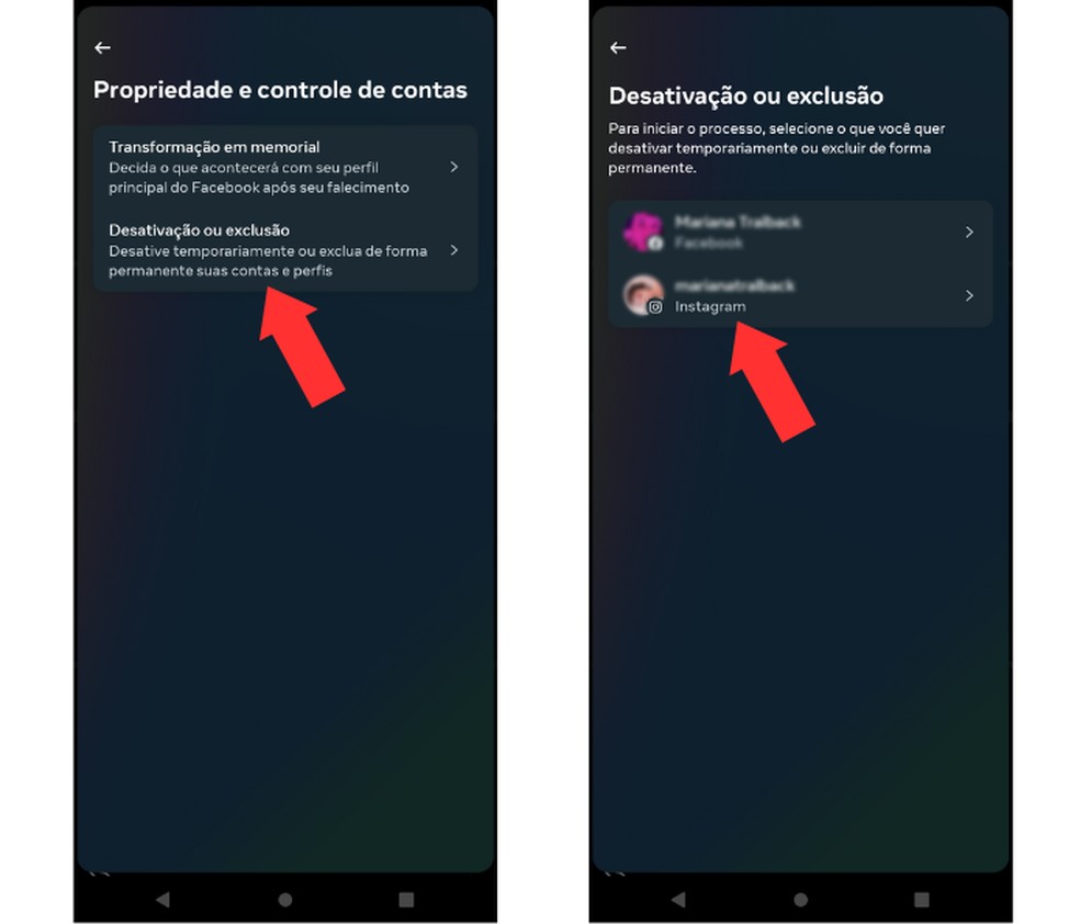 É possível escolher entre a desativação temporária de uma conta do Instagram ou deletá-la permanentemente  — Foto: Reprodução/Mariana Tralback