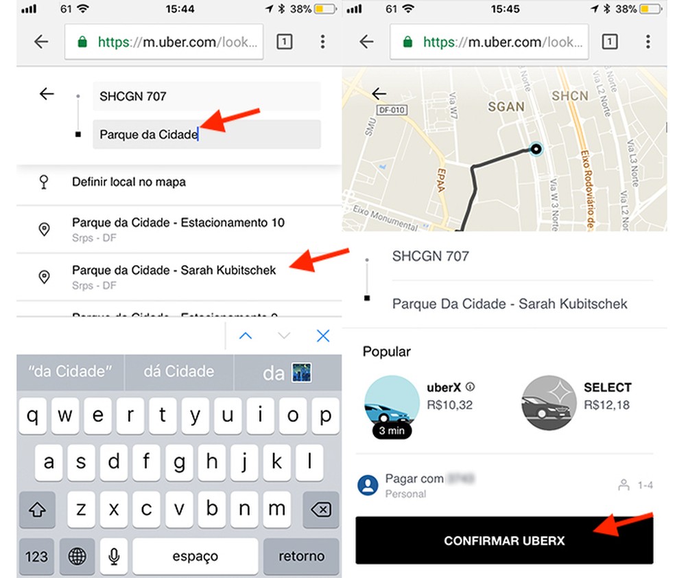 Opção para confirmar uma corrida usando o site mobile da Uber — Foto: Reprodução/Marvin Costa