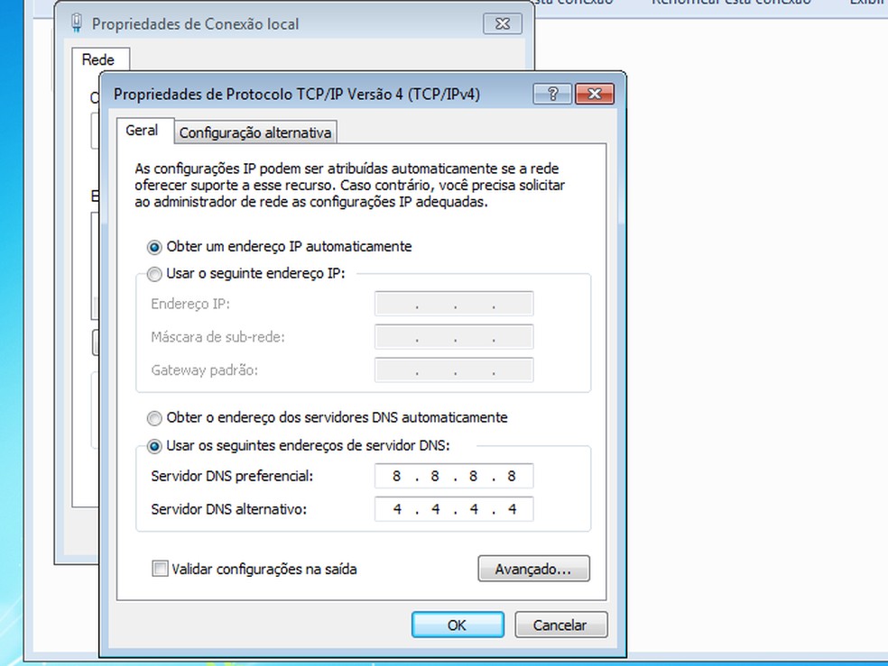 Alterando os servidores DNS no Windows 7  — Foto:  Reprodução/Edivaldo Brito