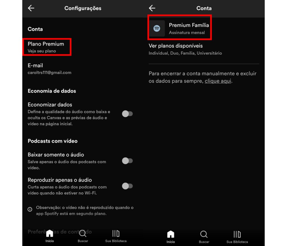 Clique em "Plano Premium" e depois no seu tipo de plano para cancelar a assinatura do Spotify — Foto: Reprodução/Carolina Torres