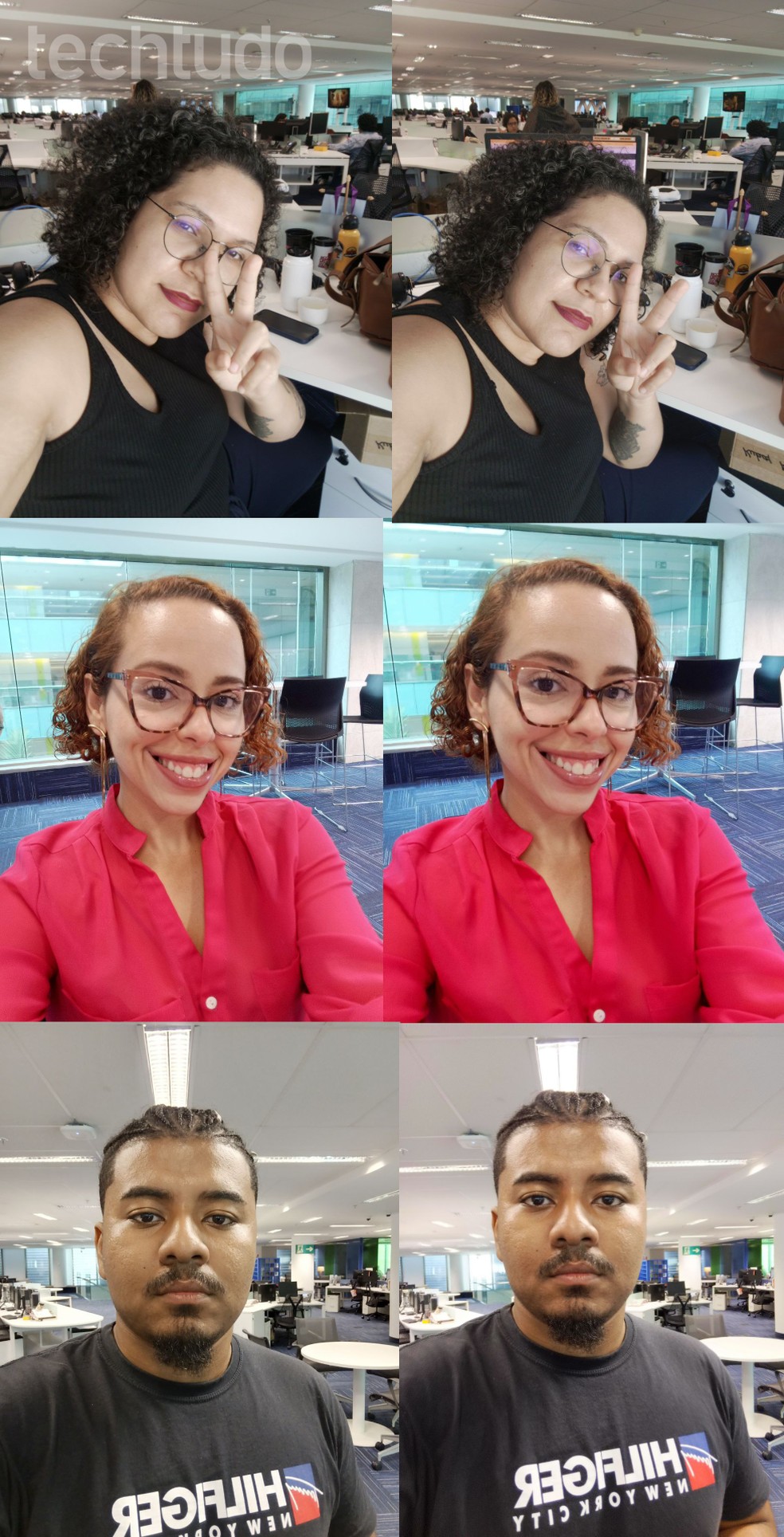 Selfies com a câmera frontal do Infinix Note 30 5G com a IA desativada no lado esquerdo e ativada no direito — Foto: TechTudo