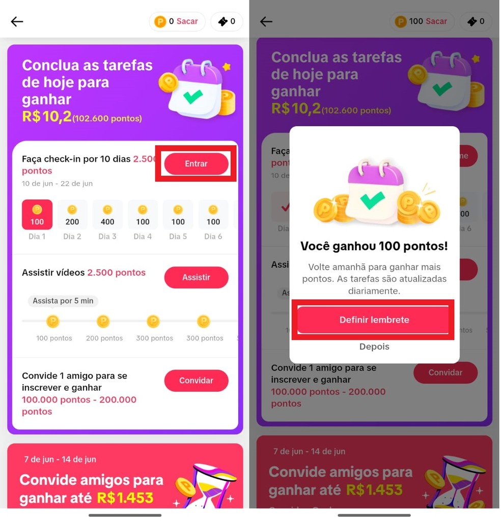 Faça check-in no aplicativo para ganhar pontos que valem dinheiro no TikTok — Foto: Reprodução/Clara Fabro