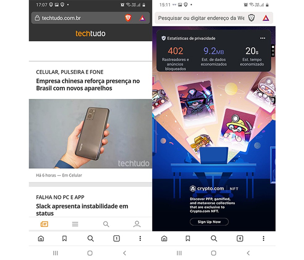 Brave exibe relatório de privacidade em sua tela inicial — Foto: Reprodução/Marcela Franco