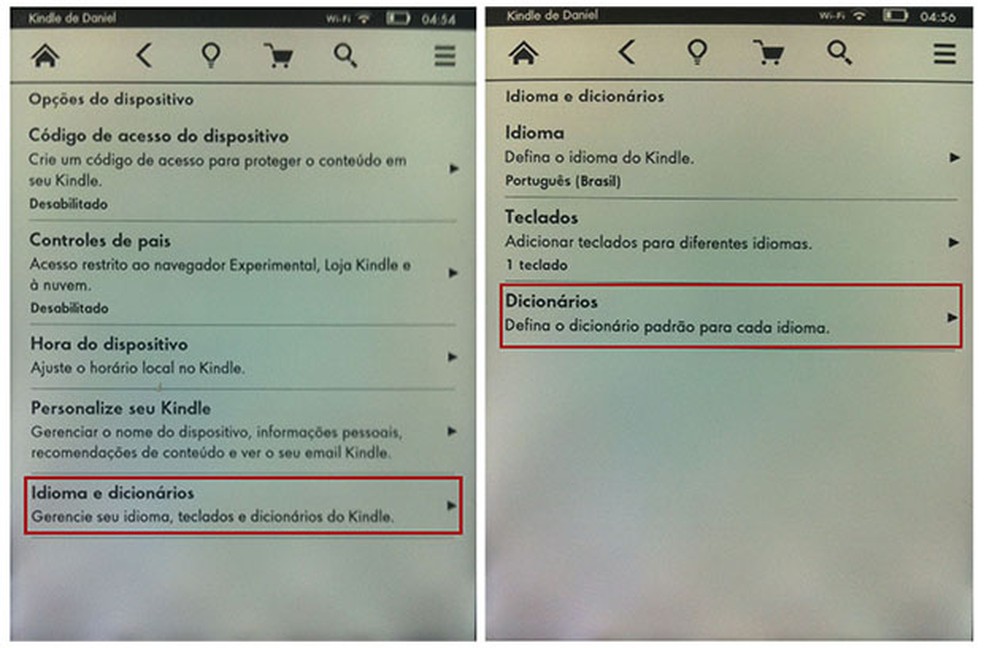 Existe um menu para configurar todas as opções de idiomas e dicionários no Kindle — Foto: Reprodução / Daniel Pinto