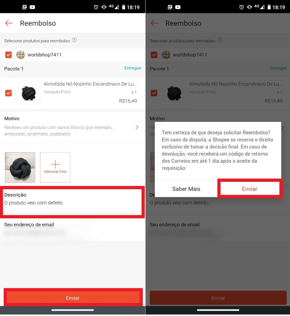Adicione uma descrição à solicitação de reembolso na Shopee e toque sobre "Enviar" para concluir  — Foto: Reprodução/Clara Fabro