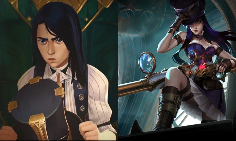 Um pouco da história de vida de Caitlyn aparece no primeiro ato de Arcane — Foto: Reprodução/Netflix e League of Legends