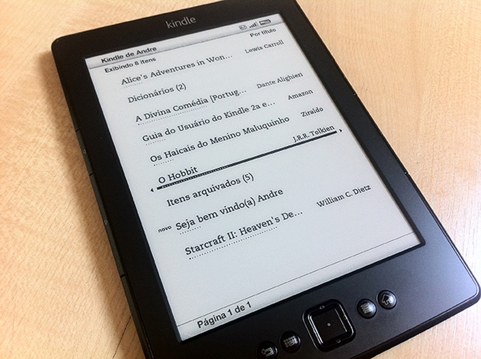 Tela inicial do Kindle, com os livros baixados e disponíveis (Foto: André Fogaça) — Foto: TechTudo
