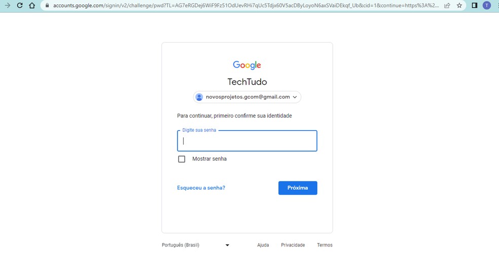 Faça login na sua conta Google — Foto: Reprodução/TechTudo