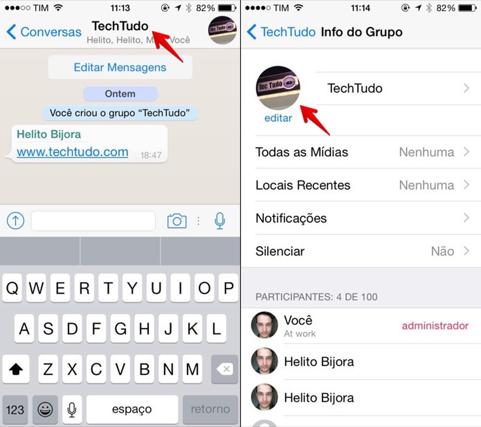 Acesse as informações do grupo e toque sobre a foto (Foto: Reprodução/Helito Bijora) — Foto: TechTudo
