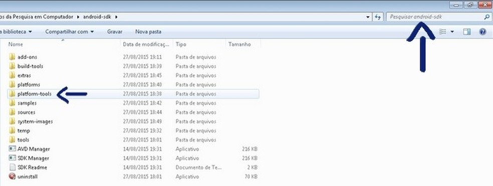 Setas apontam para caixa de pesquisa no Windows Explorer e pasta platform-tools, presente no diretório do Android SDK (Foto: Reprodução/Raquel Freire) — Foto: TechTudo