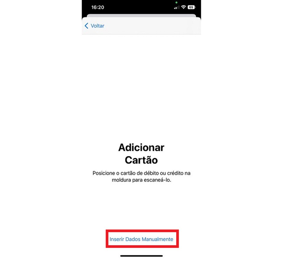 Toque sobre "Inserir Dados Manualmente" para adicionar as informações do cartão de crédito ou débito — Foto: Reprodução/Clara Fabro