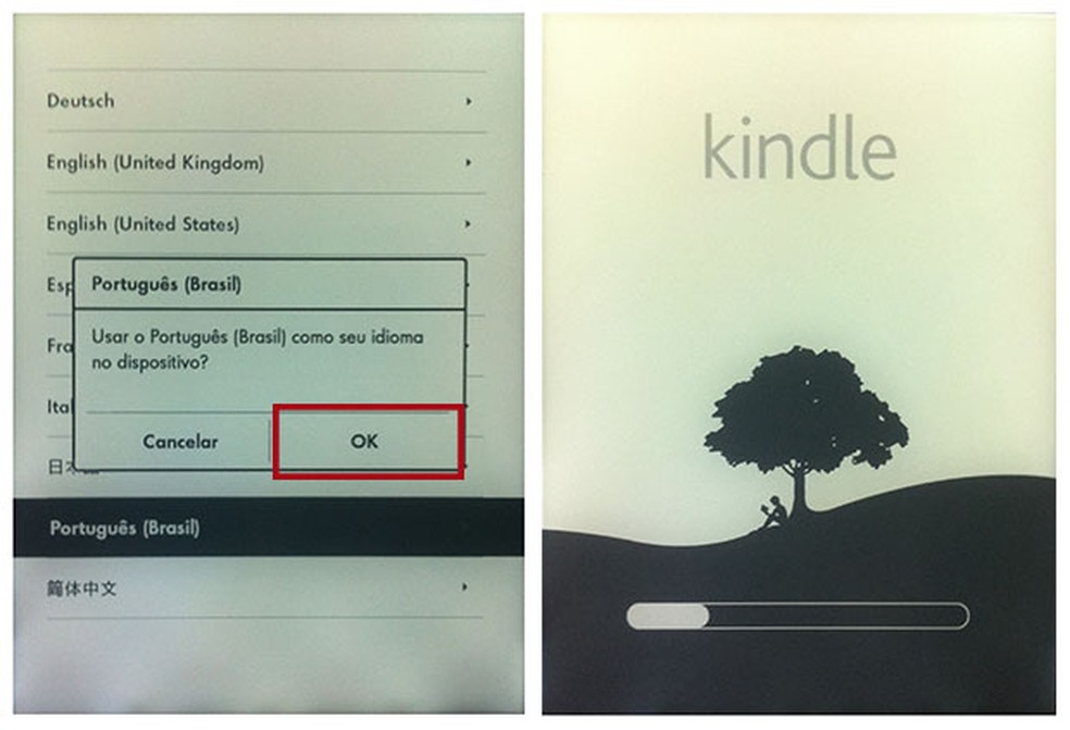 Assim que é ligado, o Kindle pede para escolher o idioma do sistema — Foto: Reprodução / Daniel Pinto