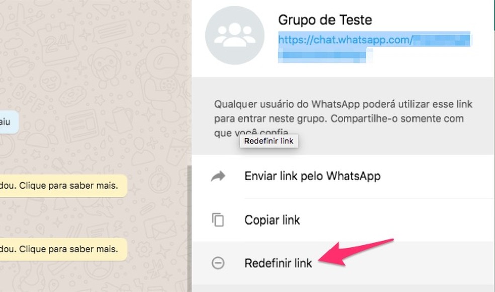 Ação mostra como iniciar o processo para redefinir um link de grupo no WhatsApp Web — Foto: Reprodução/Marvin Costa