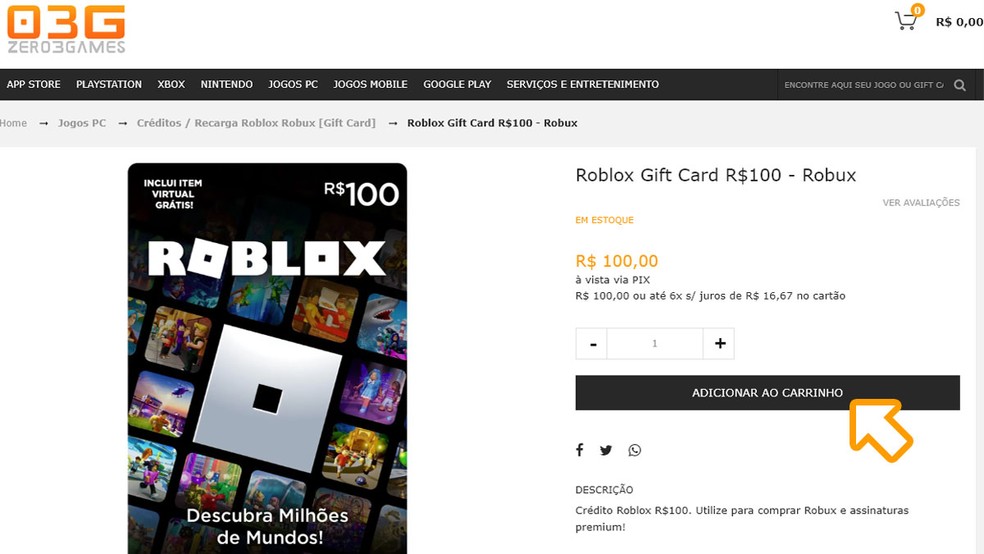 Finalize a compra de seu cartão presente em Roblox para ter acesso ao código que pode ser resgatado no jogo — Foto: Reprodução/Rafael Monteiro