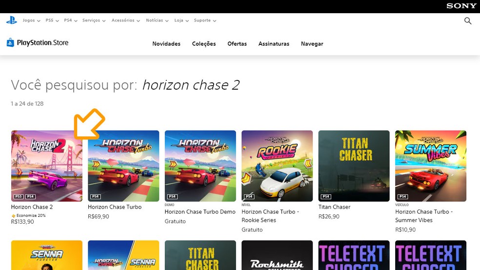 Entre os resultados da PlayStation Store selecione Horizon Chase 2 — Foto: Reprodução/Rafael Monteiro