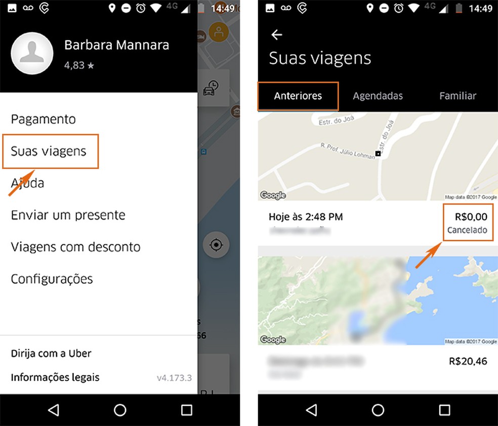 Acesse o histórico de suas viagens para ver se houve cobrança de taxa — Foto: Reprodução/Barbara Mannara