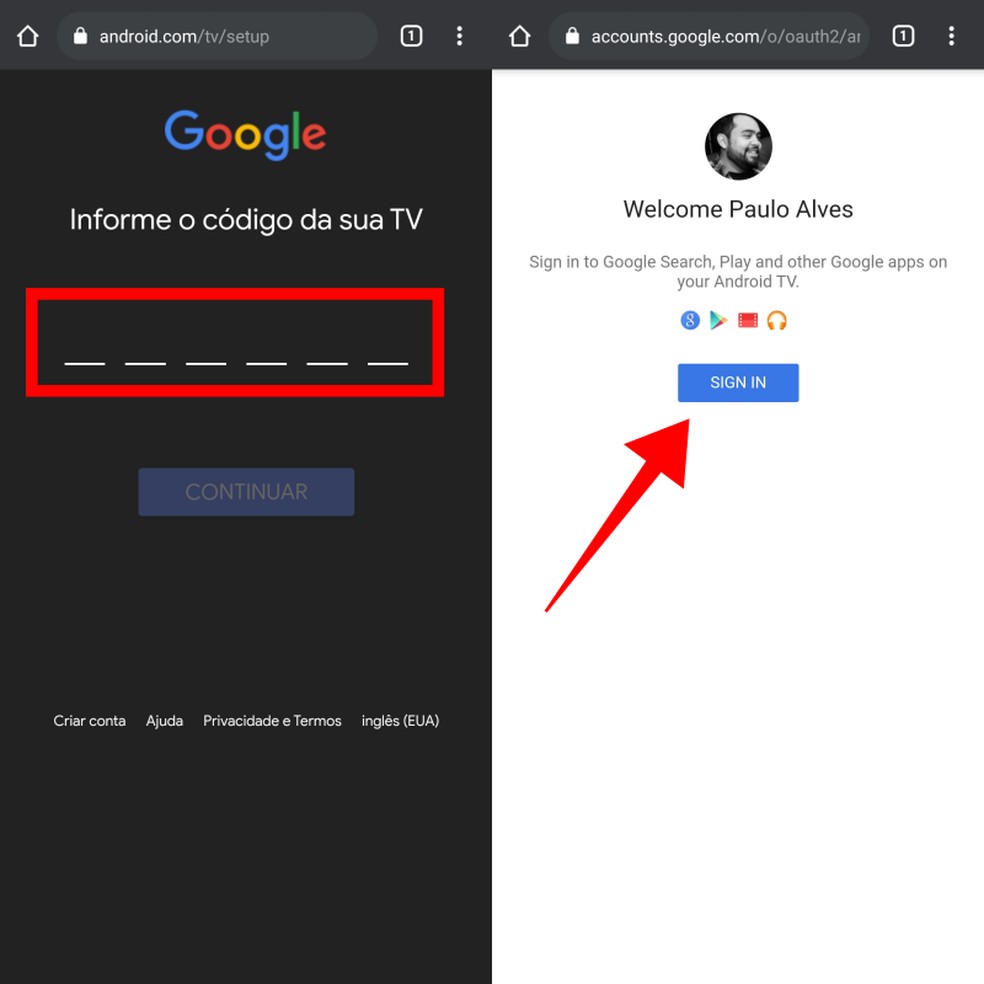 Digite o código que aparece na TV no celular para fazer login — Foto: Reprodução/Paulo Alves