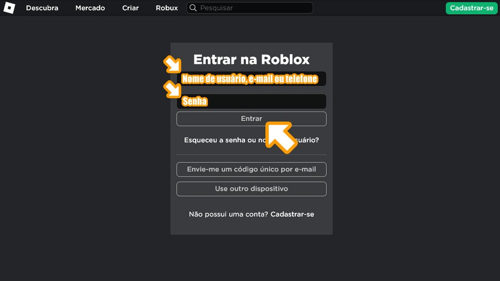 Acesse a página de resgate de códigos em Roblox e faça login em sua conta com seu nome de usuário / e-mail / telefone e senha — Foto: Reprodução/Rafael Monteiro